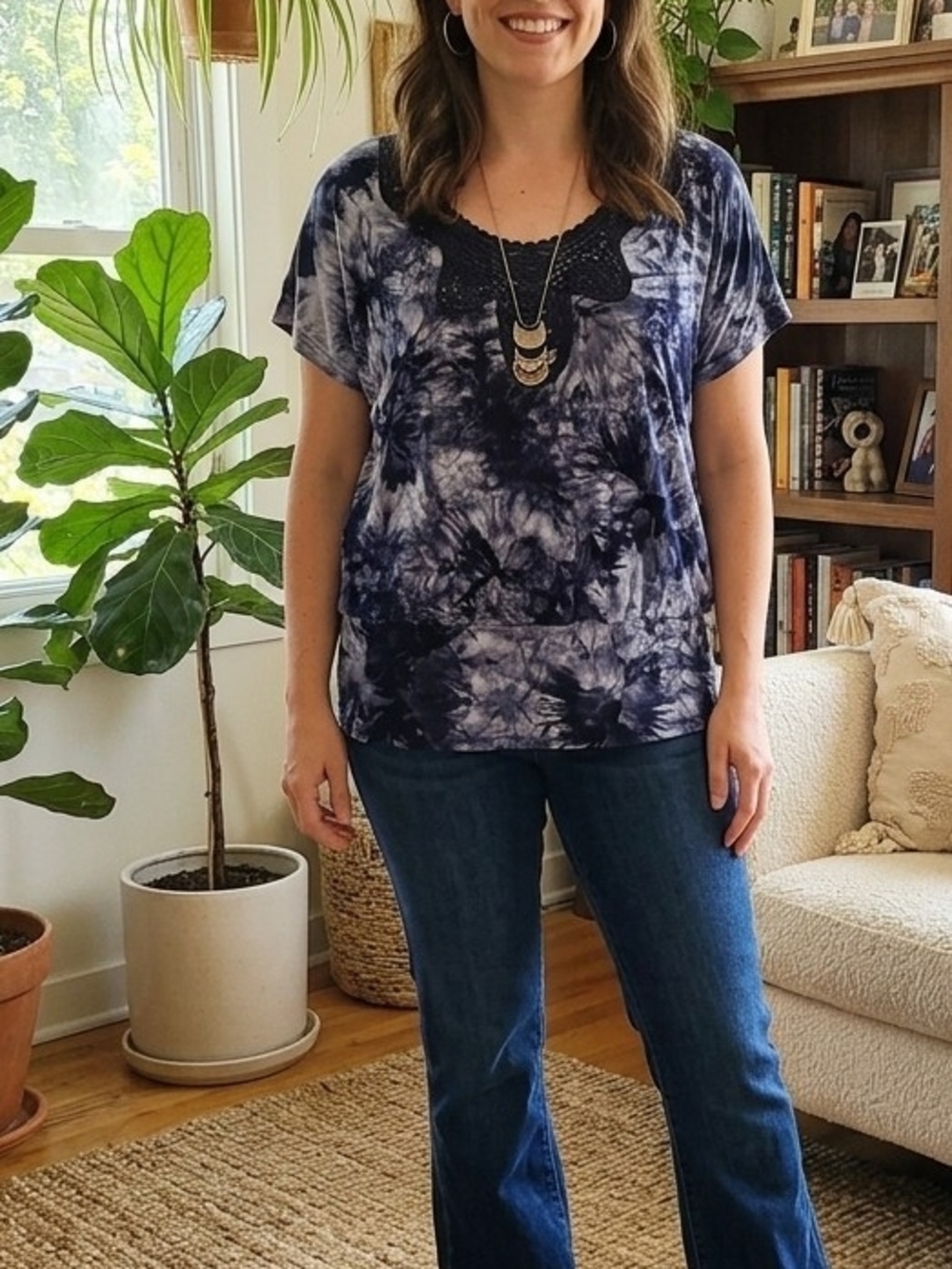 Christopher & Banks Medium Tie Dye Blouse Blue Gray Crochet Lace Neck Banded Hem